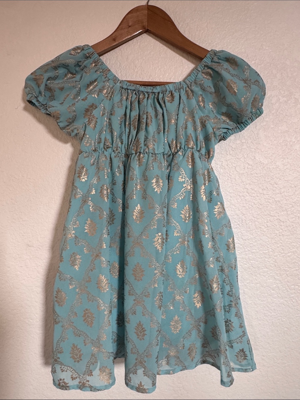 Girls Aqua Puff-Sleeve Dress with Gold Foil Print
